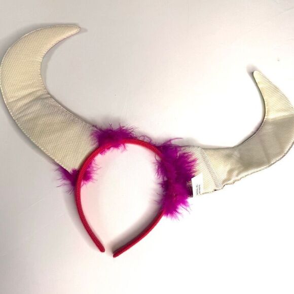Rainbow Metallic Horn Headband with Pink Feather Trim – Festival Pride Costume A - Picture 2 of 4